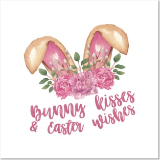 Bunny Kisses & Easter Wishes - Brown Bunny Ears with Pink Flowers Posters and Art